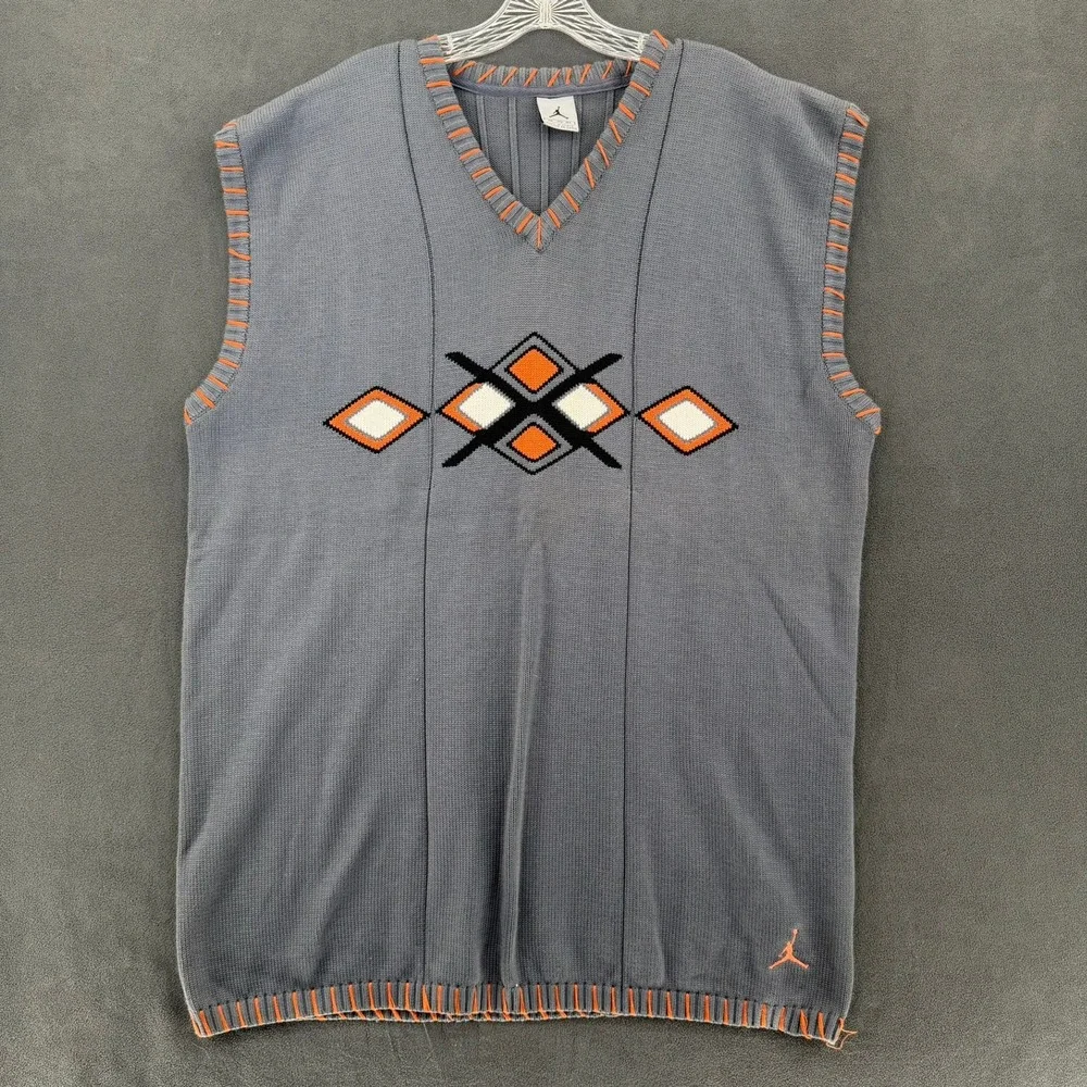 VTG Nike Air Jordan Argyle Sweater Vest 3XL Gray Orange Knit Jumpman Y2K READ